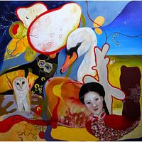 Groot modern surrealistisch en expressief schilderij Nicole Habets