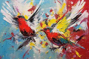 Birds Putting on make up | Expressionstisch Schilderij van Blikvanger Schilderijen