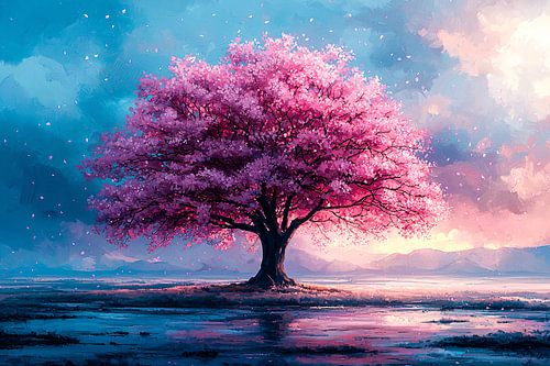 Roze boom in een landschap