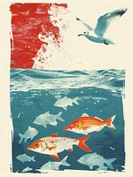 Maritime motif | above water and underwater | seagulls and fish