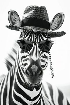 Zebra met hoed en zonnebril in zwart en wit van Felix Brönnimann