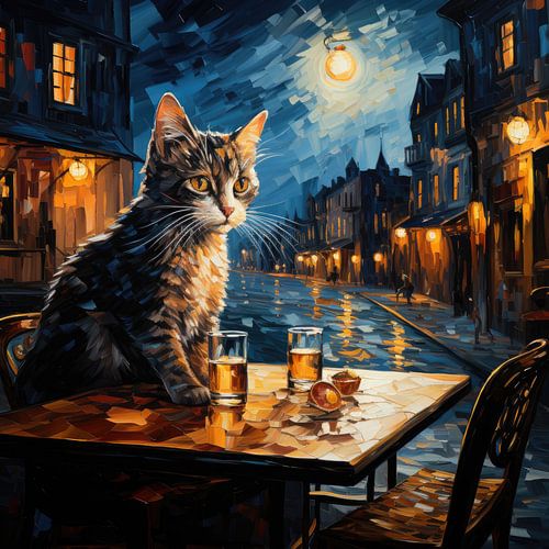 Kat aan tafel in de maanlichtnacht