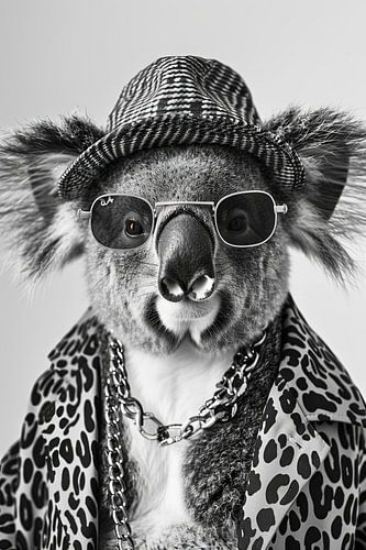 Stijlvolle koala met hoed en zonnebril poseert voor de foto