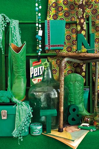 Photo of a still life with retro/vintage stuff in green.