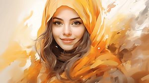 Porträt einer lächelndem muslimischen Frau mit  buntem Kopftuch Aquarell-Kunst Design