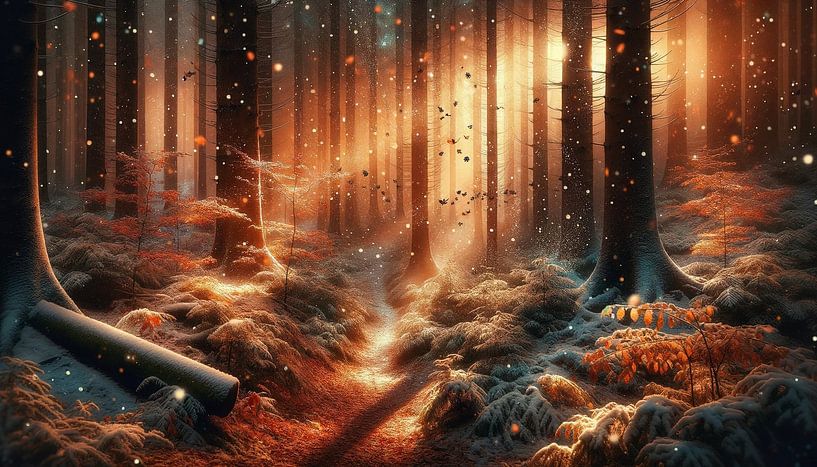 Ochtendstralen verwarmen het betoverende bos van artefacti