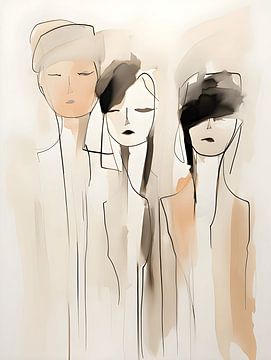 Drie vrouwen: abstracte kunst, line-art en waterverf van Moody Mindscape