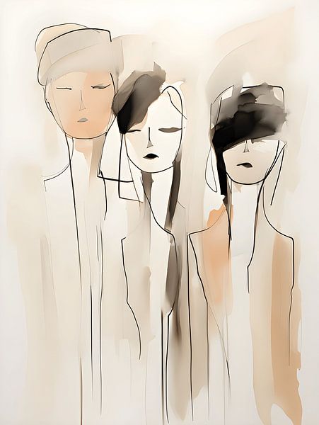 Drei Frauen: Abstrakte Kunst, Strichzeichnung und Aquarell von Moody Mindscape