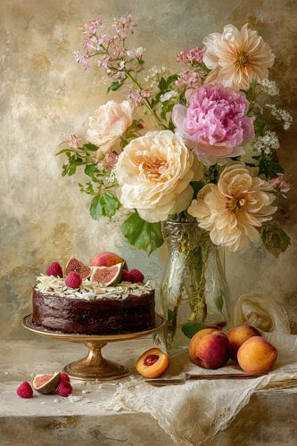 Bloemen en Chocoladetaart - Romantisch Stilleven