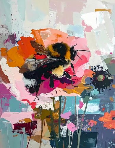 Hommel op bloem - Modern expressief - penseelstreken en abstracte kleurige vlakken