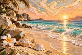 Tropischer Strand mit Muscheln & Sonnenuntergang | Türkises Meer in Gold & Pastell | Poster Querformat von ButterflyPix
