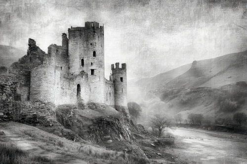 Oude kasteelruïne in zwart-wit landschap