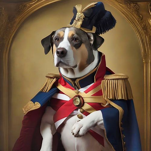 Portret van een hond verkleed als Napoleon