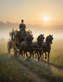 Goldene Morgenkutsche durch weite Felder von Regan Frederick