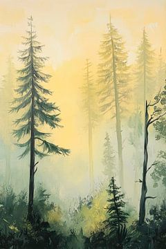 Nevelig bos met hoge dennenbomen van Poster Art Shop