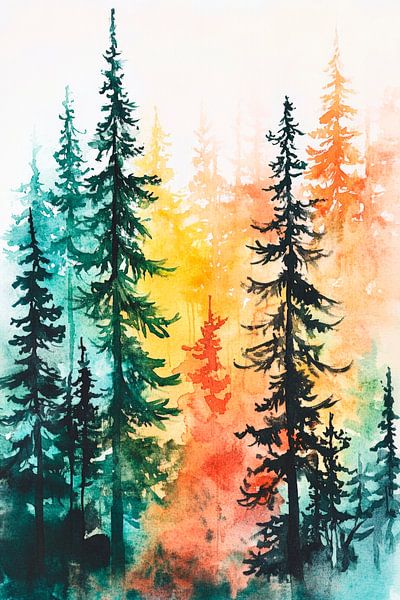 Bunte Waldlandschaft in Aquarelltechnik von Poster Art Shop