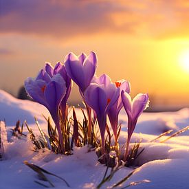 Crocus violet doré en hiver dans la neige, coucher de soleil sur Animaflora PicsStock