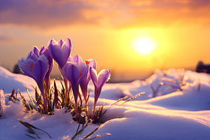 Lila goldfarbener Krokus im Winter im Schnee, Sonnenuntergang