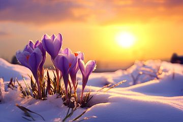 Crocus violet doré en hiver dans la neige, coucher de soleil sur Animaflora PicsStock