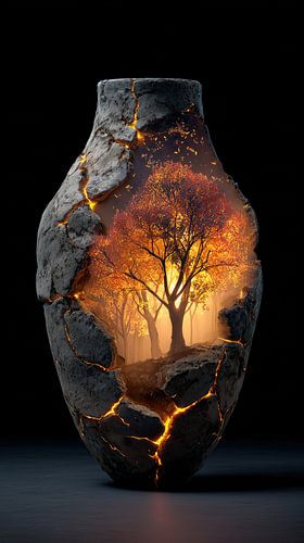 Coucher de soleil dans la forêt, vase en pierre