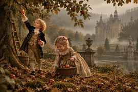 Äpfel beim Schloss – Klassisches Gemälde von Peter Pen Zeichnungen und Gemälde
