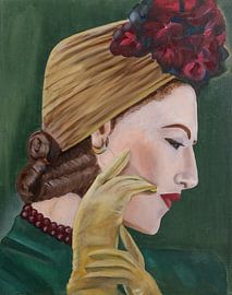 Oil portrait woman with hat vintage by Jennemie De Beer