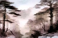 Scandinavisch bos gehuld in ochtendmist