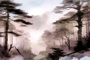 Skandinavischer Wald in Morgennebel gehült