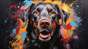 Painting of a Labrador dog's face with colourful splashes of paint by Animaflora PicsStock