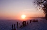 Zonsondergang met roze gloed over besneeuwd weiland van Sandra de Heij thumbnail