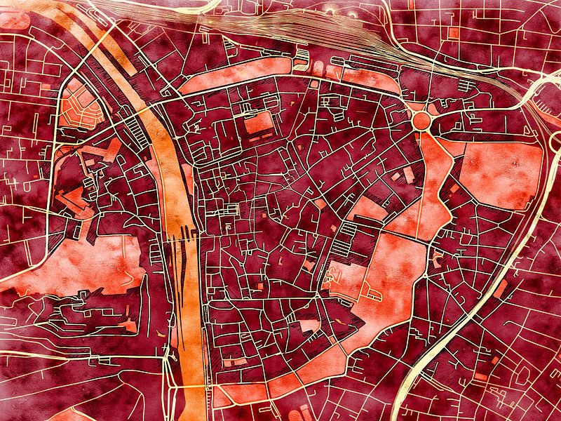 Map of Würzburg centrum with the style 'Amber Autumn' by Maporia