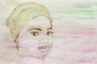Dame met kleurrijke hoofddoek (aquarel schilderij portret Moslim vrouw Marokko ogen industrieel roze van Natalie Bruns thumbnail