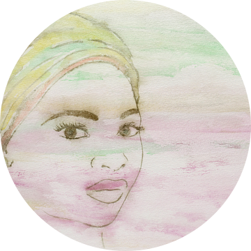 Dame met kleurrijke hoofddoek (aquarel schilderij portret Moslim vrouw Marokko ogen industrieel roze van Natalie Bruns