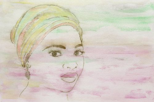 Dame met kleurrijke hoofddoek (aquarel schilderij portret Moslim vrouw Marokko ogen industrieel roze