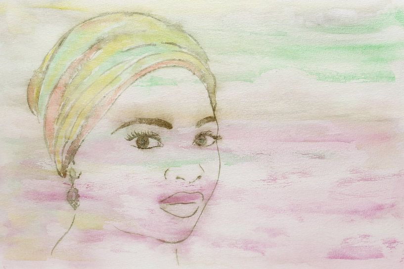 Dame met kleurrijke hoofddoek (aquarel schilderij portret Moslim vrouw Marokko ogen industrieel roze van Natalie Bruns