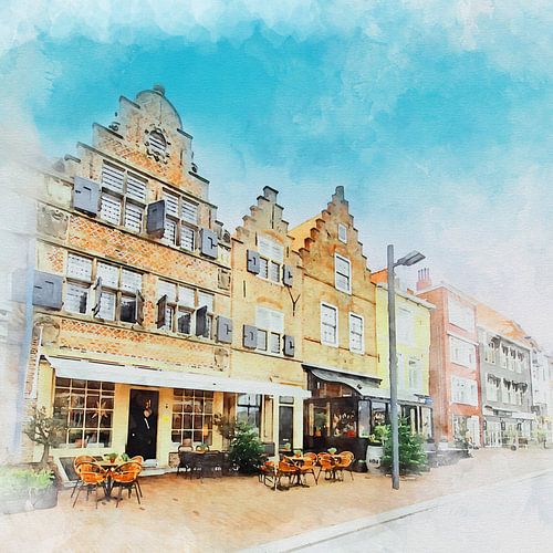 Aquarelschilderij van het pand De Gecroonde Liefde in Vlissingen, Zeeland