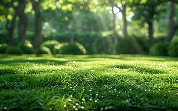 Schöne verschwommene Hintergrundbild des Frühlings Natur mit einem ordentlich getrimmt Rasen von Bäumen an einem hellen sonnigen Tag umgeben. von de-nue-pic