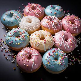 verzameling kleurrijk versierde donuts op een aanrecht van Margriet Hulsker