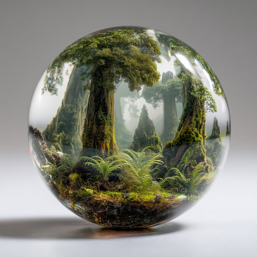 Nebelverhangener Wald mit großen Bäumen in einer Glaskugel