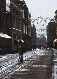 Winterse fietser in Groningen Stad
