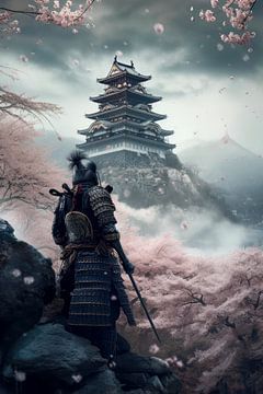Samurai | paysage avec château et arbres en fleurs 7 sur Digitale Schilderijen