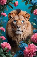 Realistic Lion head with flowers in pink and blue colour