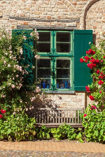 Ancienne fenêtre avec des fleurs d'été sur la façade d'une maison historique près de l'église Nikola par Torsten Krüger