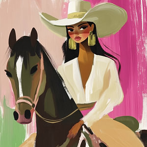 Frei wie der Horizont – stilvolle Cowgirl zu Pferd mit weißem Cowboyhut