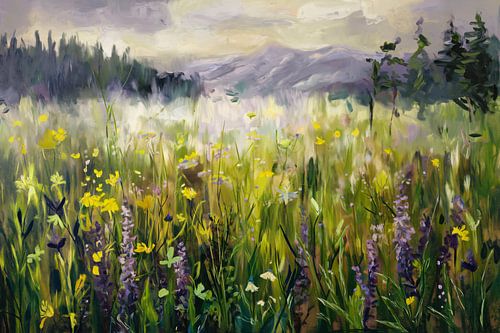 Mistig veld vol wilde bloemen