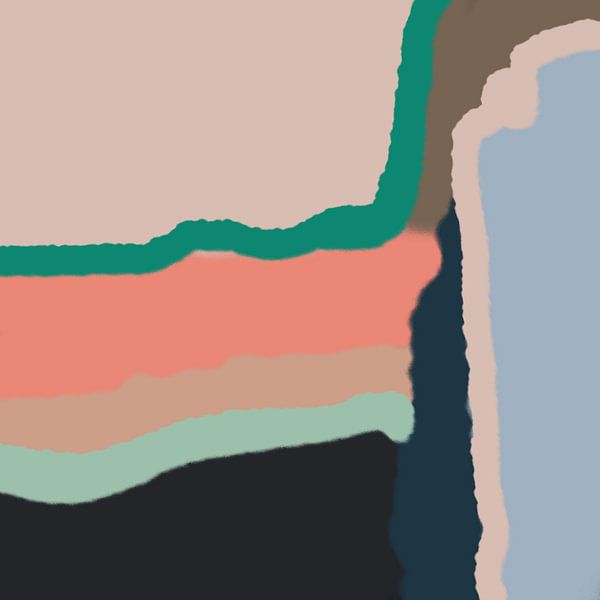 Retro 70s pastel abstract art in green, salmon pink, blue. by Dina Dankers