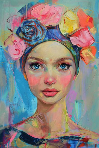 Buntes Porträt einer Frau mit Blumen von Art & Soul Creations