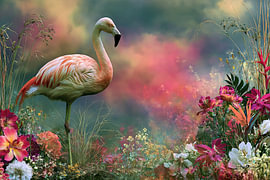 Flamant rose et fleurs tropicales