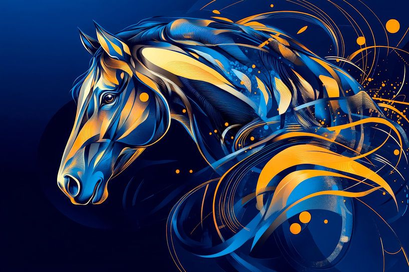 Futuristisches Pferdeporträt in Blau-Gelb von Poster Art Shop