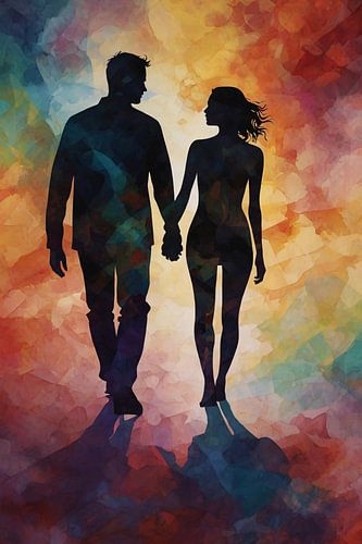 Kleurrijk silhouet van een liefdevol paar